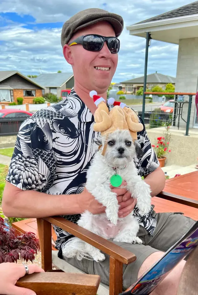 Hamish with turkey dog