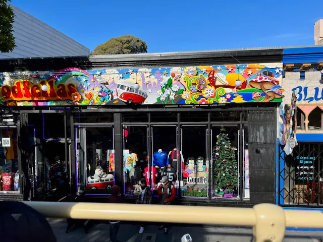 Colorful shop in the high street from the tram